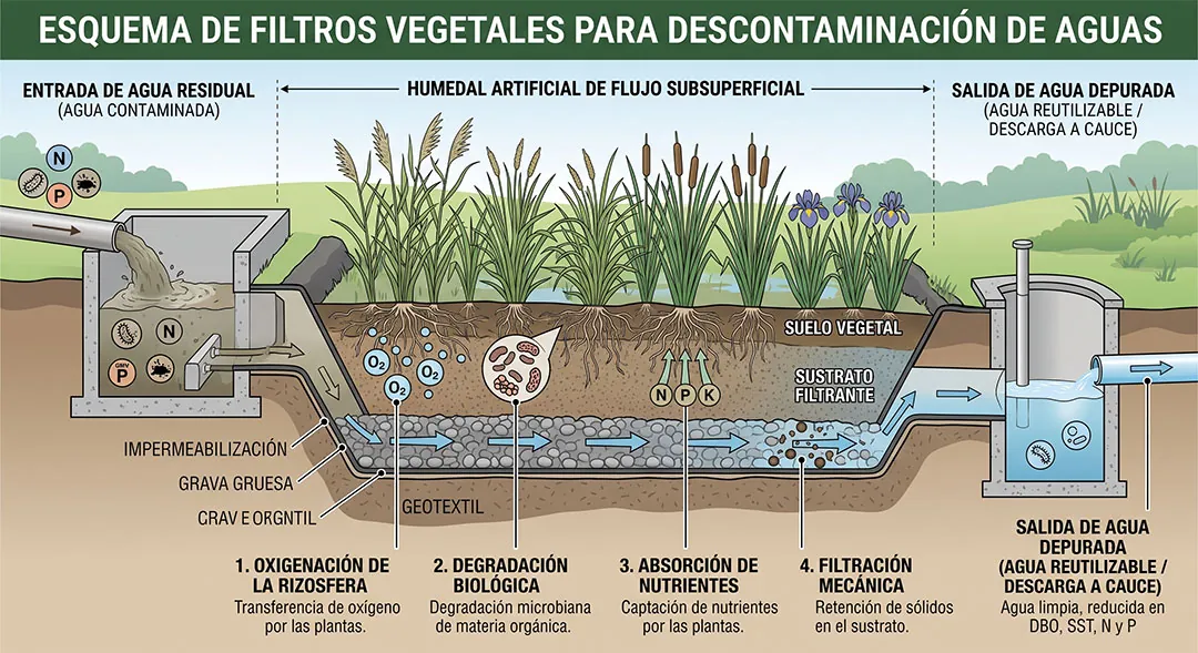 Esquema de filtros vegetales para descontaminación de aguas