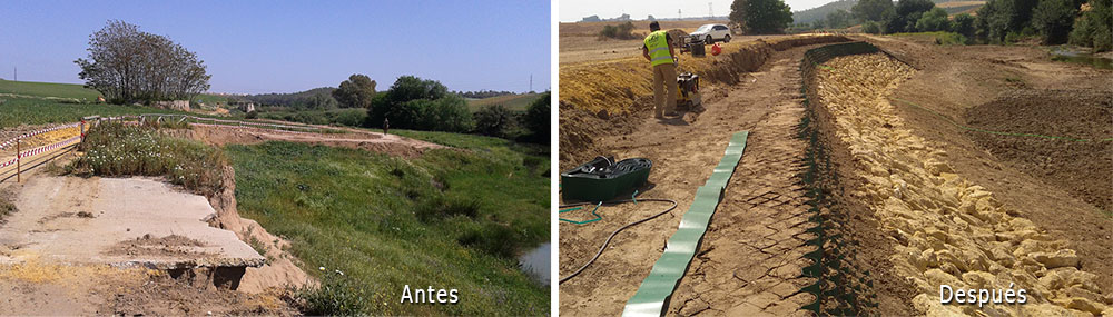 Instalación de muros de encauzamiento con geoceldas